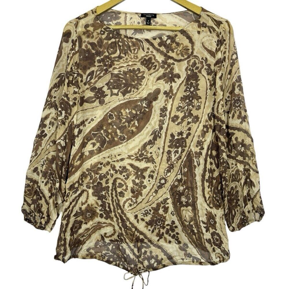 Vintage Talbots Silk Tunic Top Size 8 Brown Paisley Sheer Grunge Boho Fairy Y2K